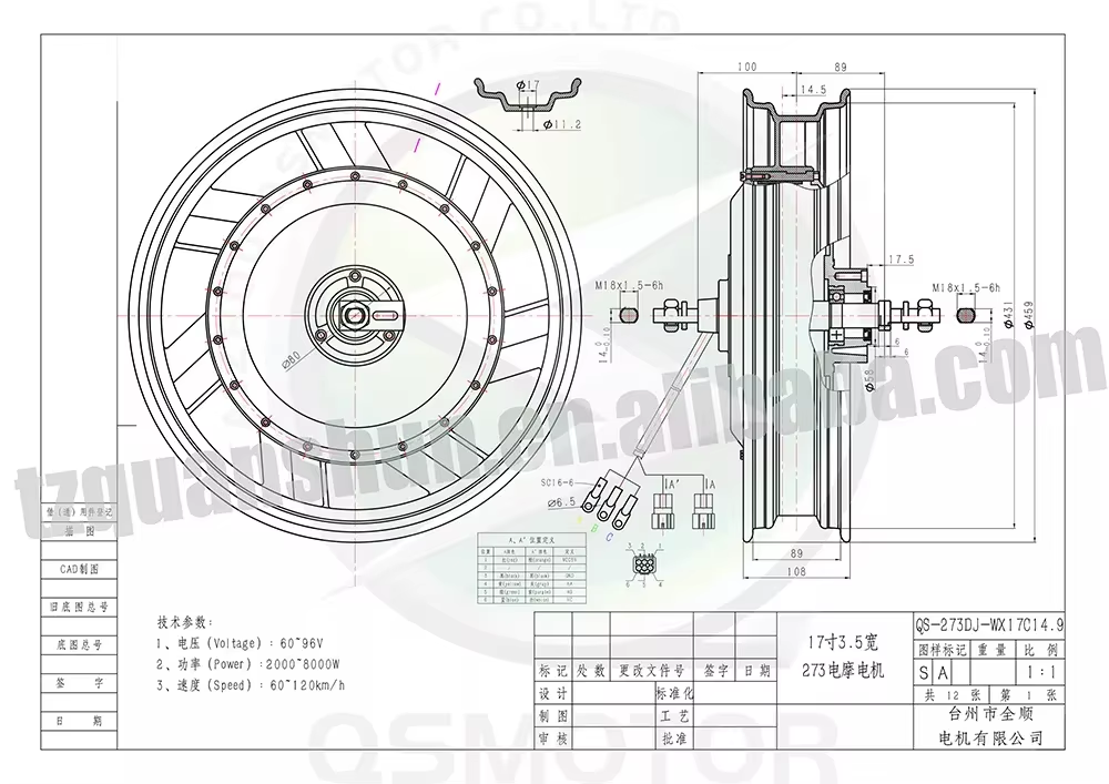 17 Inch Motorcycle Rim Hub Motor 72V - QSMOTOR QS273 Motore Elettrico Brushless V3